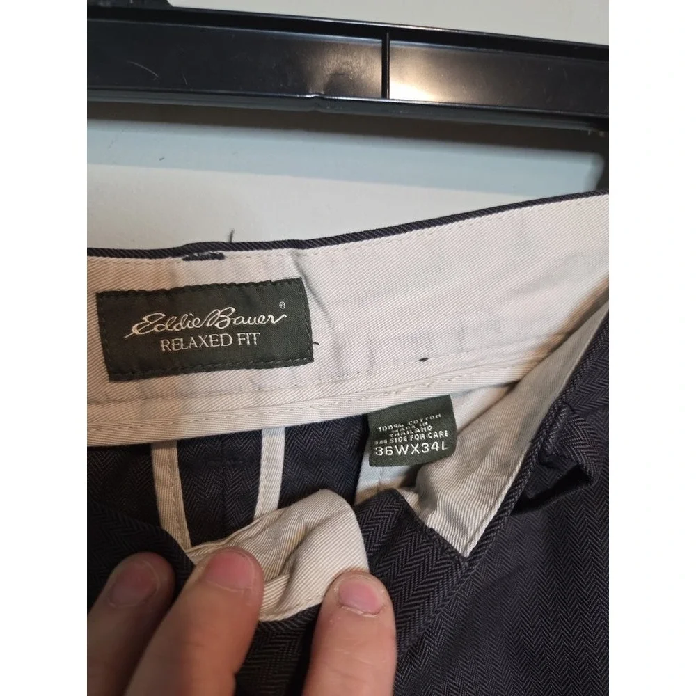 Eddie Bauer Relaxed Fit Chino Pants Mens 36x34 Gray Herringbone Cotton Trousers